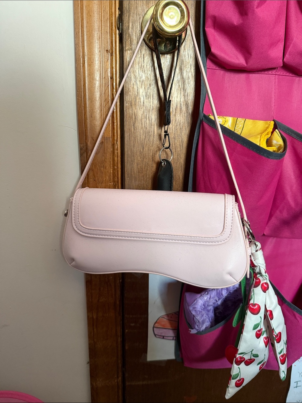 Steve Madden Pale Pink Shoulder Bag with Cherry Scarf Accent